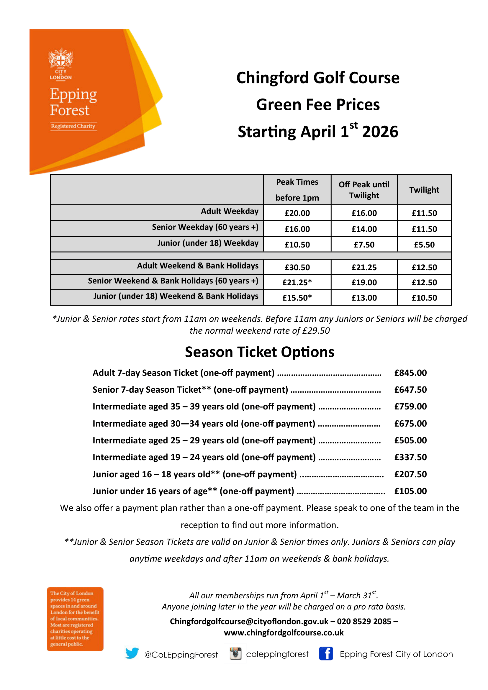 Chingford Golf Course
Green Fee Prices
Starting April 1st 2026